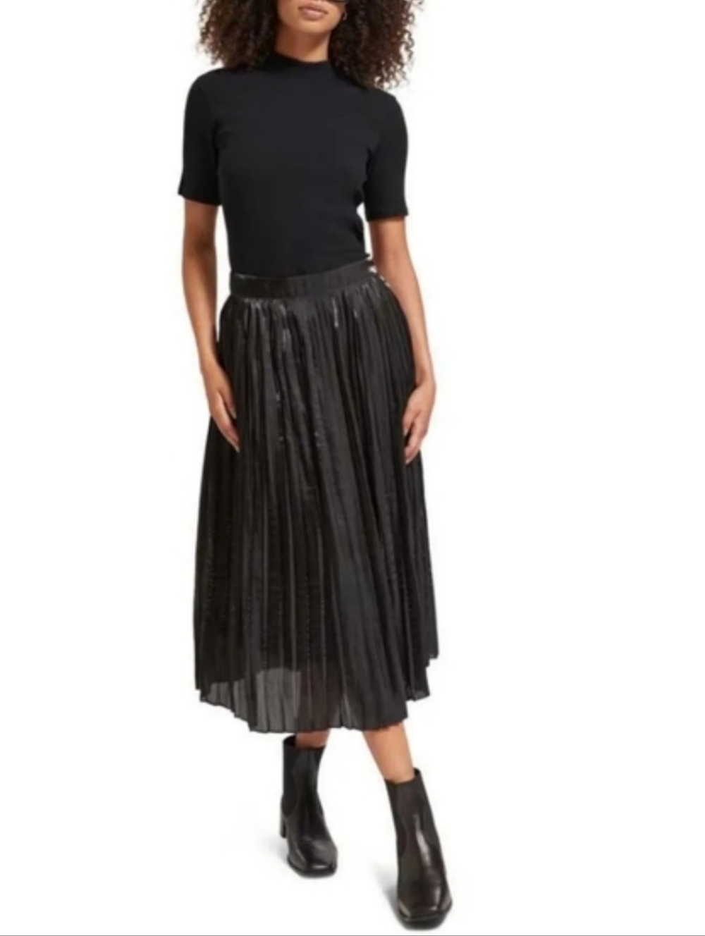Scotch & Soda Glossy Black Pleated Midi Skirt High Waist A-Line Size S NWT